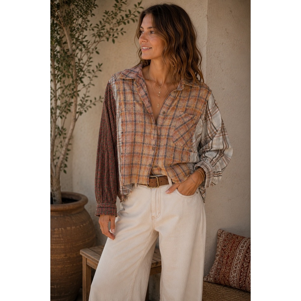 Mystree Patchwork Plaid Button Down Shirt Raw Hem Cotton Multi Pattern Small